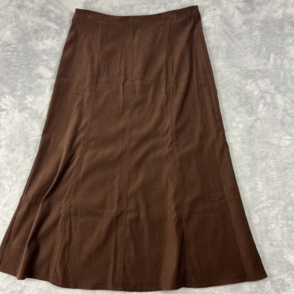 Vtg Microfiber Skirt 12-14 Brown Midi Flared Hem‎ Panel Construction Tea Length